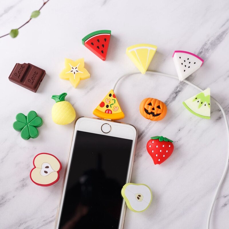 Zachte Leuke Cartoon Fruit Kabel Bite Telefoon Oplader Kabel Protector Cord Data Line Cover Versieren Smartphone Draad Accessoires