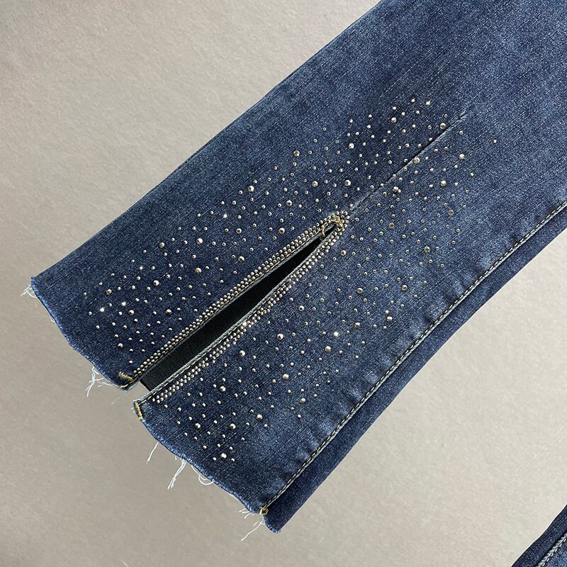 Jean fendu bleu foncé pour femme, slim, taille haute, évasé, élastique, automne