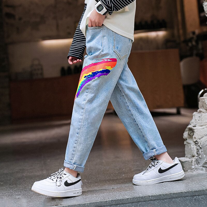 Pantalones vaqueros con estampado de arcoíris para niños, Jeans informales, rasgados, ropa de para niños de 3 a 12 años, primavera 2022