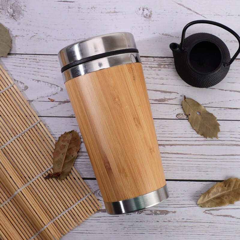 Taza de café de bambú taza de acero inoxidable taza de viaje de café con cubierta a prueba de fugas aislado café que lo rodea taza reutilizable