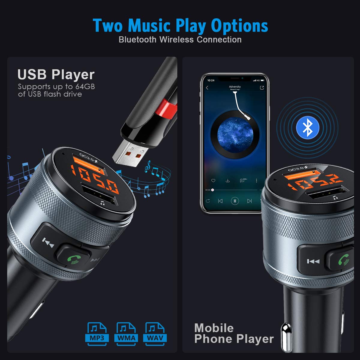 SRUIK Bluetooth Fm-zender QC3.0 Auto FM Adapter met Dual Usb-poorten Charger Handsfree Bellen Auto Kit Pen drive met Lader