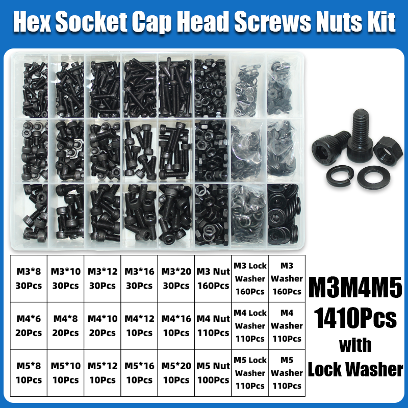 M2 M2.5 M3 M4 M5 M6 Hex Socket Head Cap Set Allen Screw DIN912 Black 12.9 Grade Carbon Steel Screws Nuts Bolt Washer Assortment: black