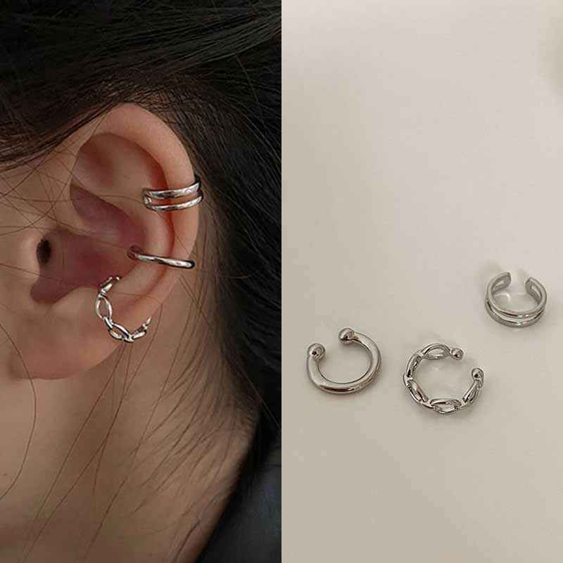 Silver Color Leaves Clip Earrings for Women Men Simple C Ear Cuff Non-Piercing Ear Ear Clip Set Trend Jewelry: SILVER PLATED