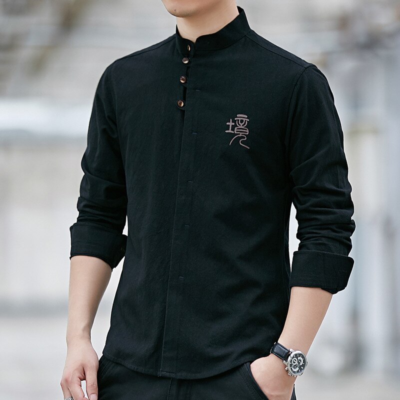 Retro Chinese Man Shirt Casual 100% Katoen Traditionele Tops Mannelijke Mandarijn Kraag Effen Kung Fu Kleding Tuniek Tang Pak: Black / XL