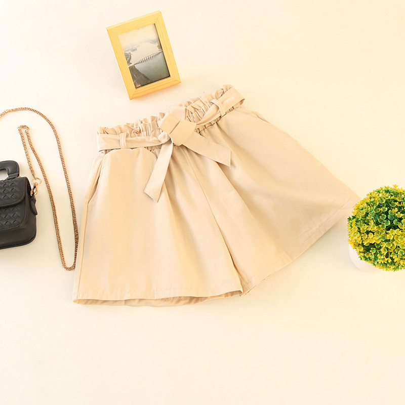 Elastic waist tie bow Loose Cotton shorts Womens summer Korean ruffles wide leg shorts for women wild casual Shorts: Beige