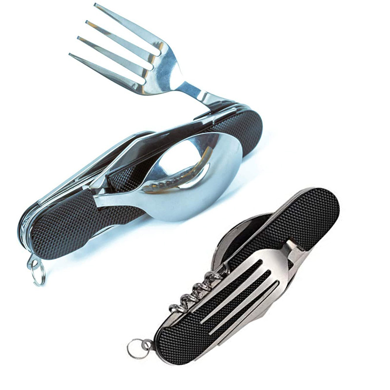Multifunctional Foldable Pocket Stainless Steel Outdoor Camping Picnic Cutlery Knife Fork Spoon Tableware Parts: Black 2pcs