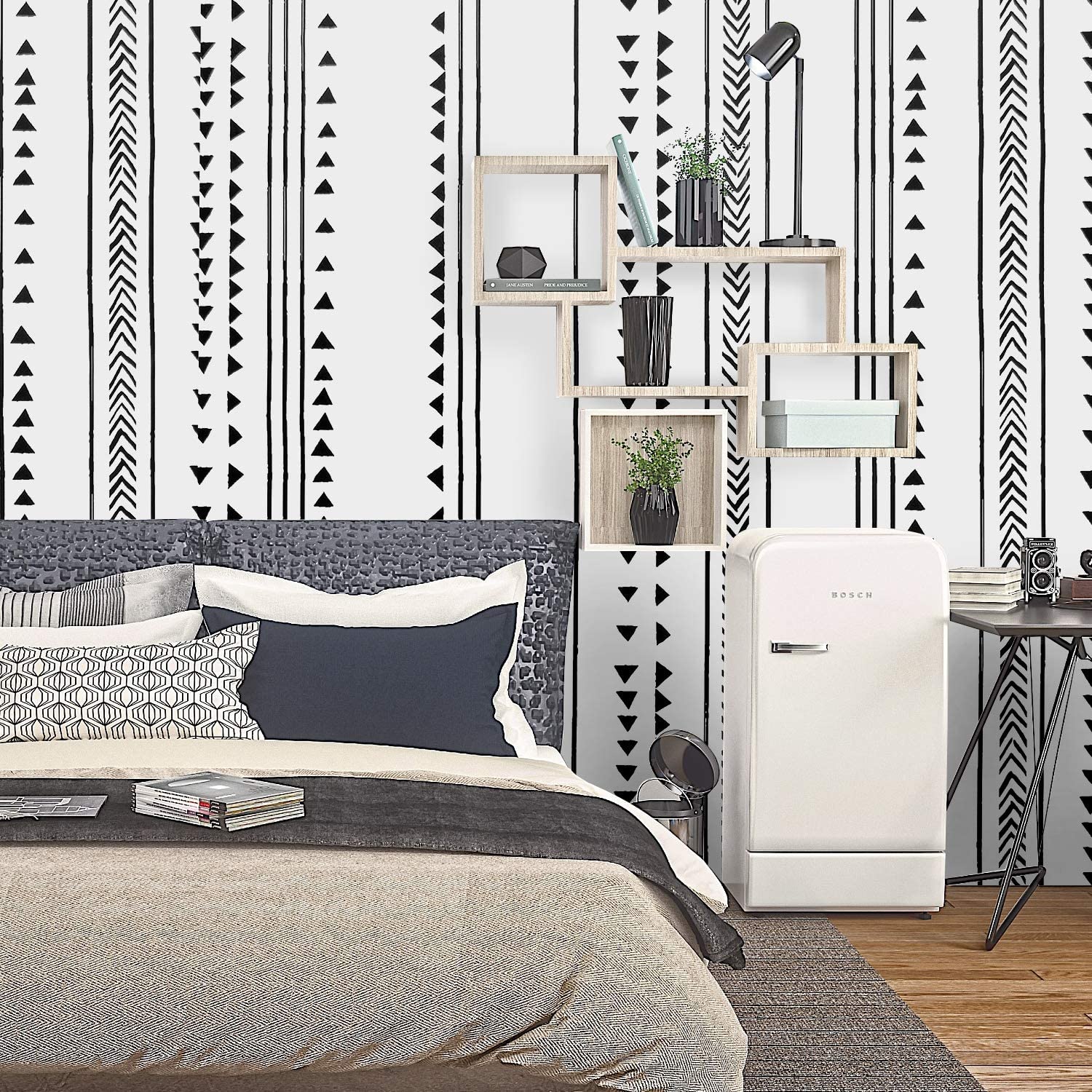 LUCKYYJ Modern Triangle Peel And Stick Wallpaper Arrow Trellis Black White Vinyl Self Adhesive Wallpaper Bedroom Wall Home Decor
