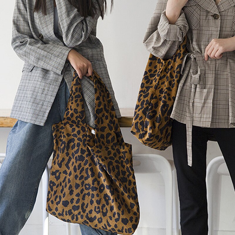 Corduroy leopard print taske damer skulder afslappet tote indkøbspose stor kapacitet håndtasker totes kvinder