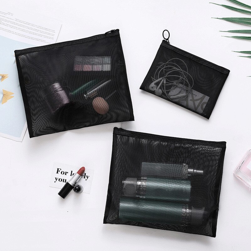 Mulheres negras Sacos Cosméticos Viagem Zipper Ocasional Maquiagem Caso Organizador Bolsa De Armazenamento de Malha Transparente Saco de Lavagem de Higiene Pessoal Beleza
