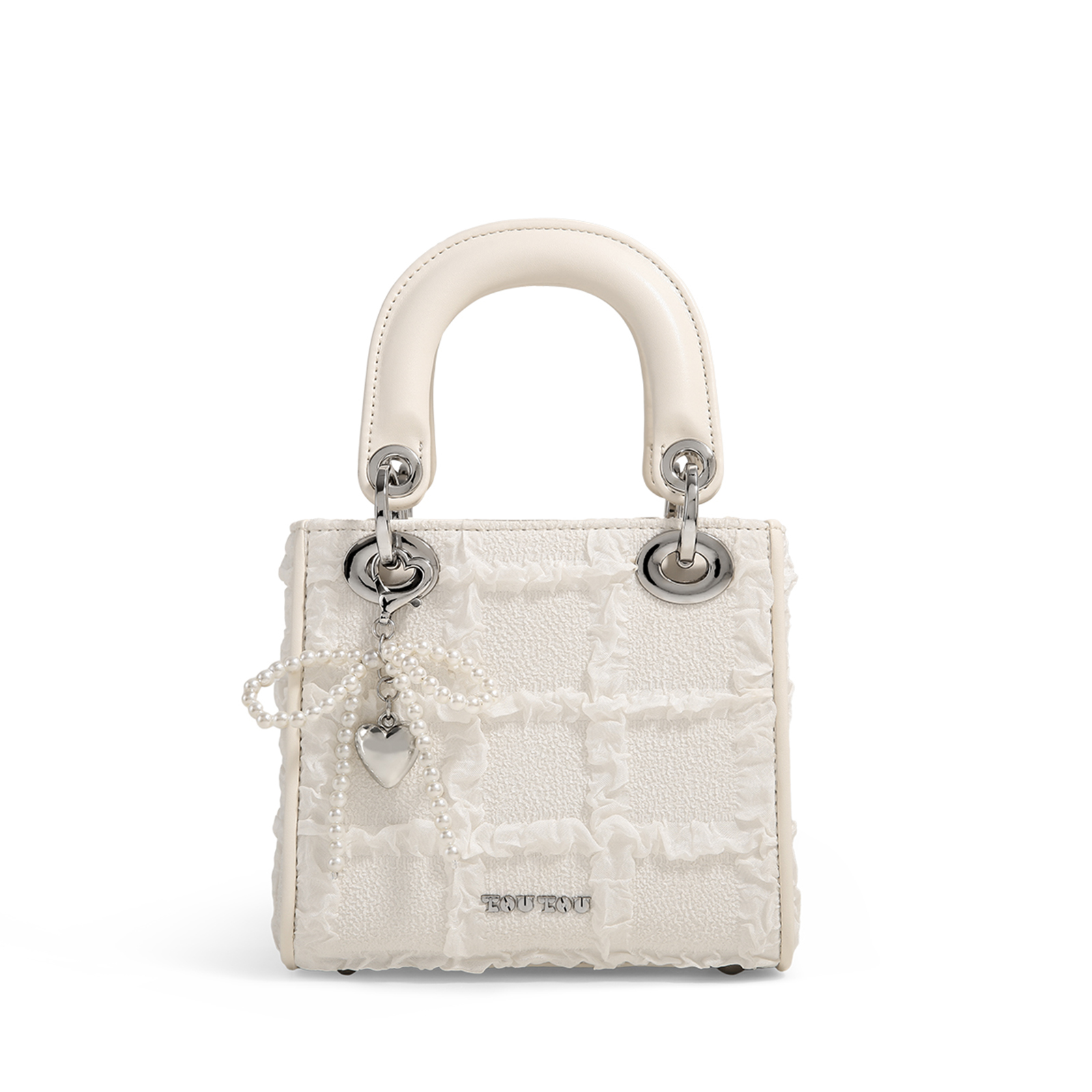 TOUTOU Argyle Jacquard Handtasche Schleife Dekor Satchel Geldbörse Damen Kleine Einkaufstasche Luxusmarke Tasche: Elfenbein