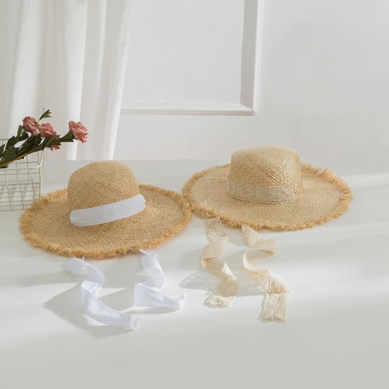 Håndvevd stråhatt til dame bredbremmet solhatt dame strandhatt hatt blonder streamer sunsn (hvit)