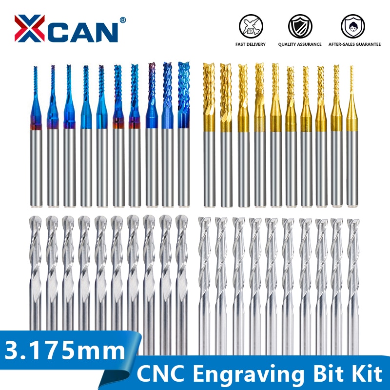 XCAN End Mill Engraving Bits Set Nano Blue Coated CNC Router Bits Cutting Milling Cutter 1/8" Shank Carbide Milling Tools