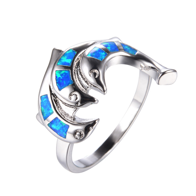 Unico anello animale a tre delfini anello di fidanzamento in pietra opale blu bianco anelli di nozze Color argento alla moda per gioielli da donna oceano