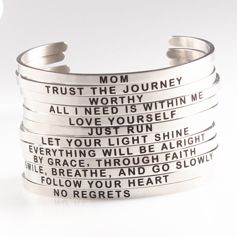 LOVE YOURSELF Stainless Steel Bracelets Bangles Engraved Open Cuff Mantra Bracelet Positive Inspirational Quotes Jewelry