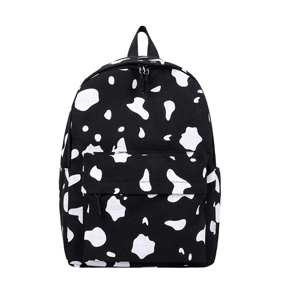 Women Multi-pocket Backpack Cow Milk Pattern Large Capacity Backpack Canvas Daily School Bag For Teenager Girls: Large  Black