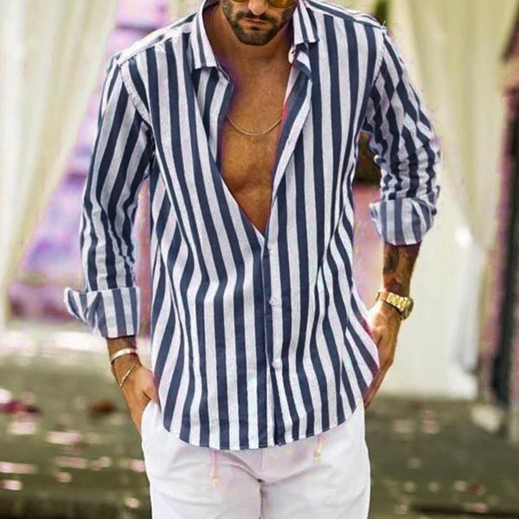 Men Fashio Vertical Striped Slim Fit Long Sleeve Casual Button Down Dress Shirts: Pink / L