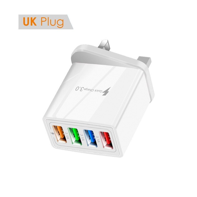 Caricabatterie per telefono cellulare 4USB, testa di ricarica a colori 3A, luce a LED, adattatore per telefono Tablet Standard europeo e americano