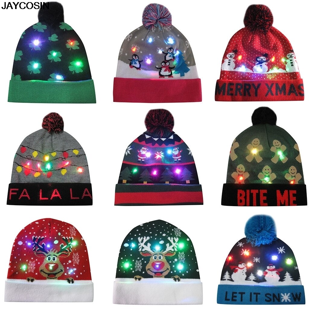 LED Luminous Christmas Hats Beanie Sweater Christmas Santa Hat Light Up Knitted Hat For Kid Adult For Christmas Party 9109