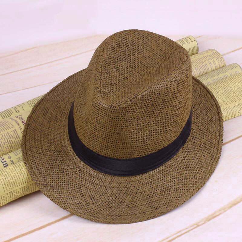 Men Straw Panama Hat Handmade Cowboy Cap Summer Beach Travel Sunhat FEA889