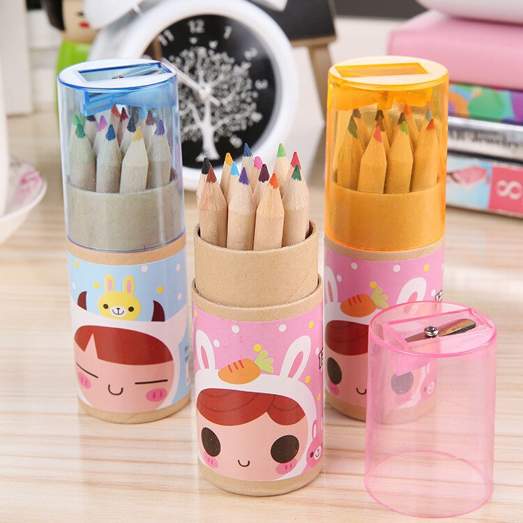 Mini lápices de colores seguros para niños y niñas, 12 colores de plomo, no tóxicos, coreano, dibujos animados creativos, sacapuntas