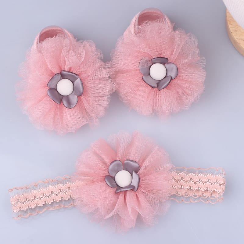 Søte blondere blomst baby pannebånd sokker sett nyfødt baby jente hårbånd turban buer perle jenter hårbånd baby hår tilbehør: Rosa 01