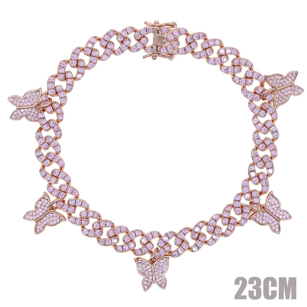 Parking Cz Baguette Vlinder Enkelbandje Sieraden 9Mm Iced Out Bling Cz Miami Cubaanse Link Zilveren Kleur Enkelband Vrouwen hiphop Sieraden: Rose Gold Pink 23cm