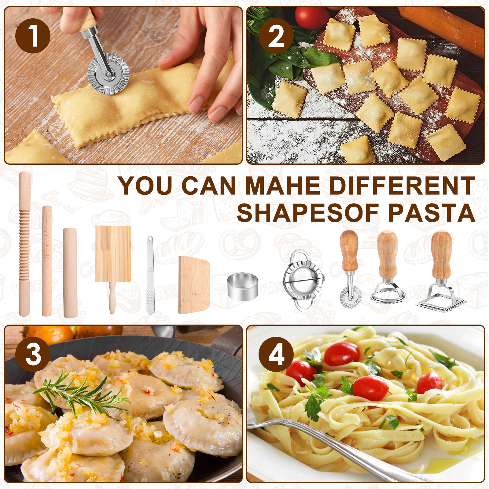 Kit de herramientas para hacer Pasta, juego eficiente para hacer Pasta con rodillo roscado de madera, tabla para Gnocchi, cortador de masa, máquina para hacer dumplings, 11 Uds.