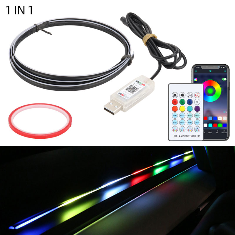 Luces decorativas para Interior de coche, tiras LED RGB de neón, 1/2 en 1, Bluetooth, controlado por aplicación, luces de fibra óptica USB, 12v: changeable