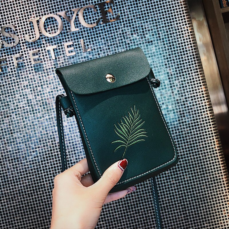 Cute Mini Crossbody Bags for Women Embroidery Leather Girls Shoulder Bag Women Bag Portable Phone Bag: Green