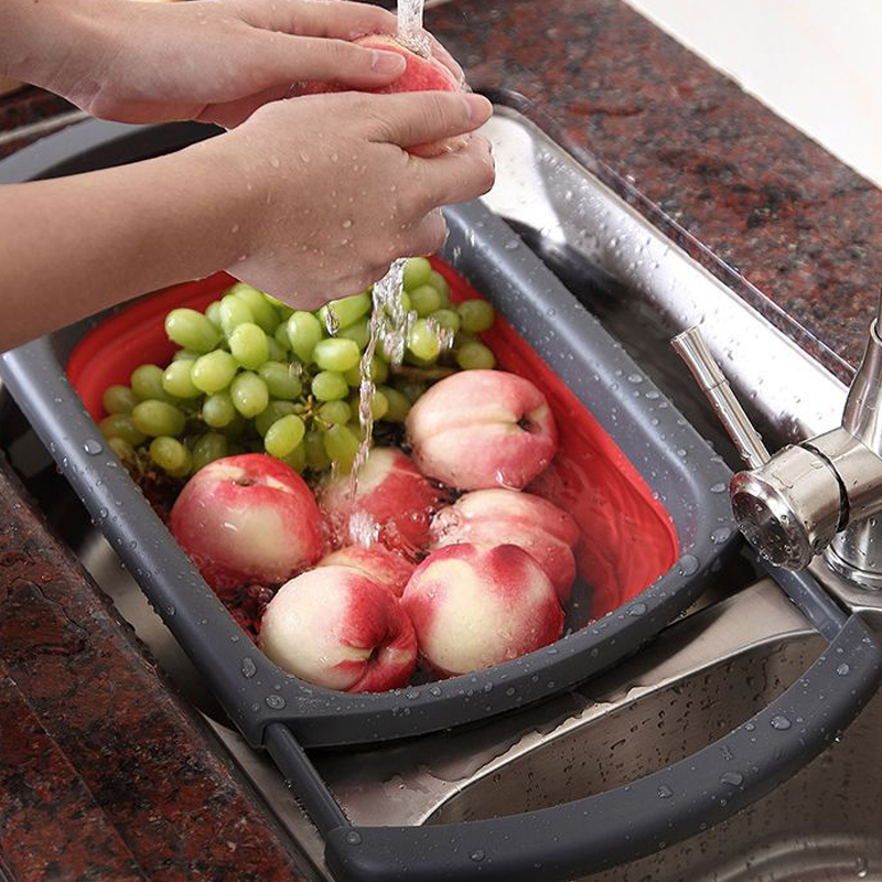Colador plegable ecológico para frutas y verduras, colador de cocina, cestas de drenaje plegables con asas retráctiles