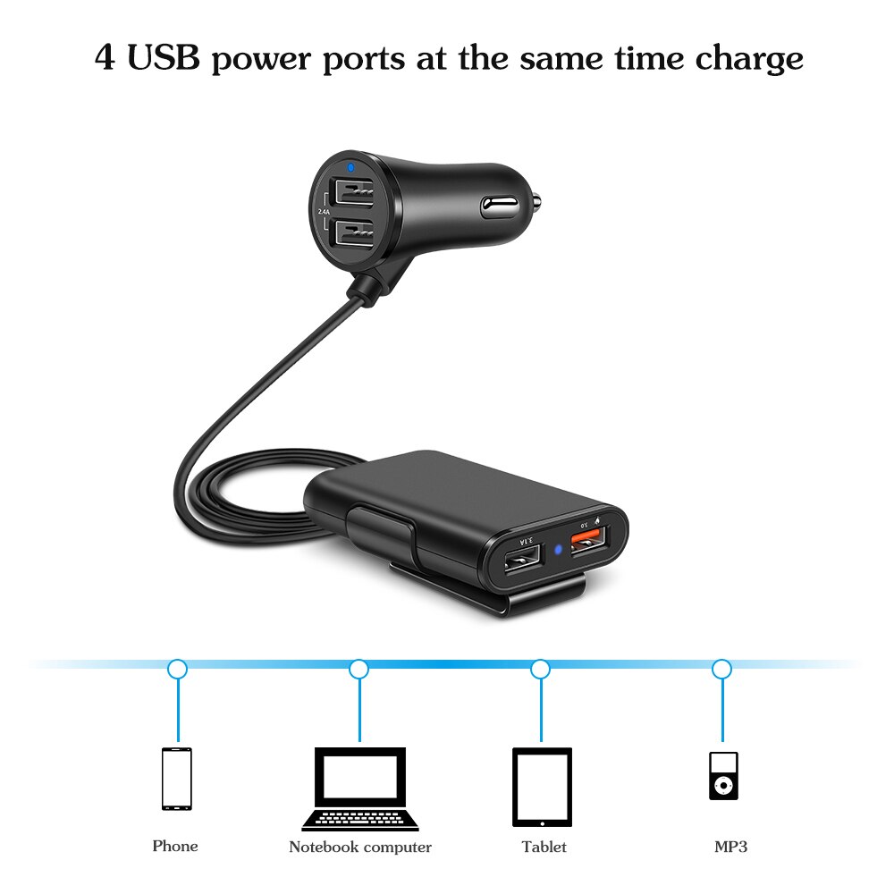 Powstro 4 Poorten Snelle 3.0 + 2.4A + 3.1A Usb Autolader Universele Usb Snelle Adapter Met 5.6ft Verlengsnoer kabel Voor Mpv Auto Telefoon