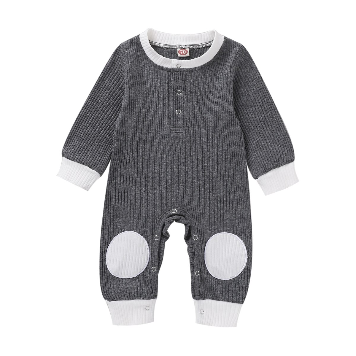 Mise au point automne bébé garçons barboteuse filles solide Patchwork manches longues bouton combinaisons 0-18M 4 couleurs: Gris foncé / 18M
