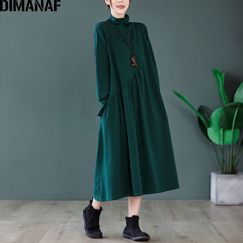 DIMANAF Autumn Winter Plus Size Women Dress Long Sleeve Turtleneck Lady Vestidos Cotton Pleated Loose Female Clothing