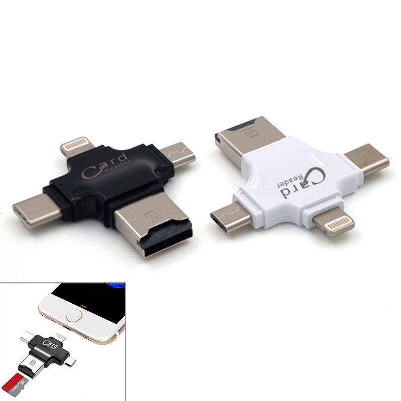 Leitor de cartão de memória 4 em 1, usb tipo c/lightning/micro usb 2.0 otg micro sd sdxc sdhc tf para ios/iphone android