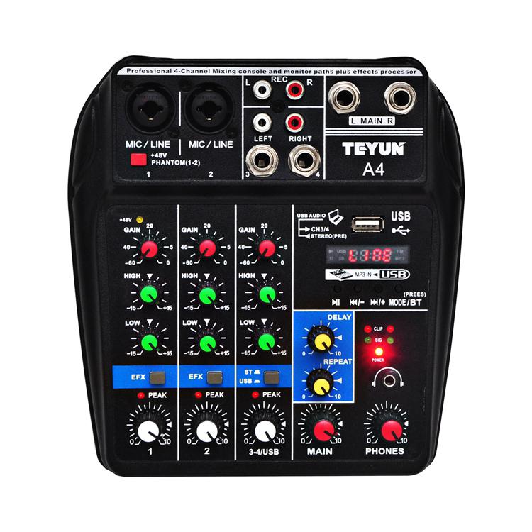 A4 Sound Mixing Console Bluetooth USB Record Computer Playback 48V Phantom Power Delay Repaeat Effect 4 Channels USB Audio Mixer