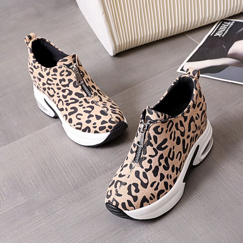 Vrouwen Sneakers Leopard Hoogte Toenemende Vrouw Gevulkaniseerd Schoenen Dikke Bodem Rits Vrouwtjes Wiggen Dames Casual Schoenen
