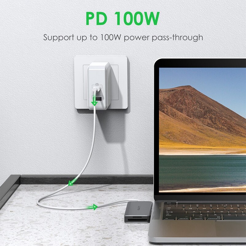 LENTION USB Hub With 100W Power ,3 USB 3.0, SD/Micro-SD/TF Card Reader Adapter For M1 Pro