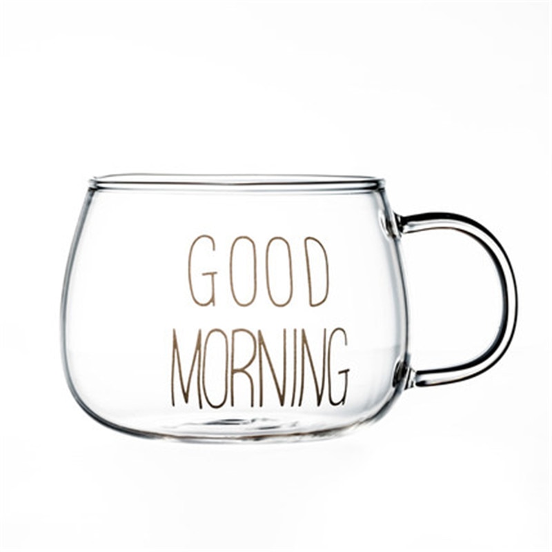 Letter Printed Transparent Glass Coffee Tea Drinks Dessert Breakfast Milk Cup Glass Mugs Handle Drinkware: White