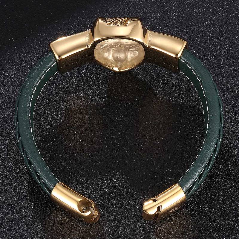 Hiphop groene gevlochten leren heren armbanden en bangles gouden leeuwenkop roestvrijstalen bikerketting mannelijke punk sieraden  sp0818