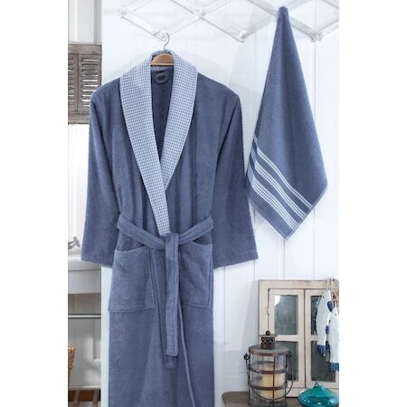 EasyHomeProduct Embroidered 100 Cotton 2 Piece Male Bathrobe Set-DENIM