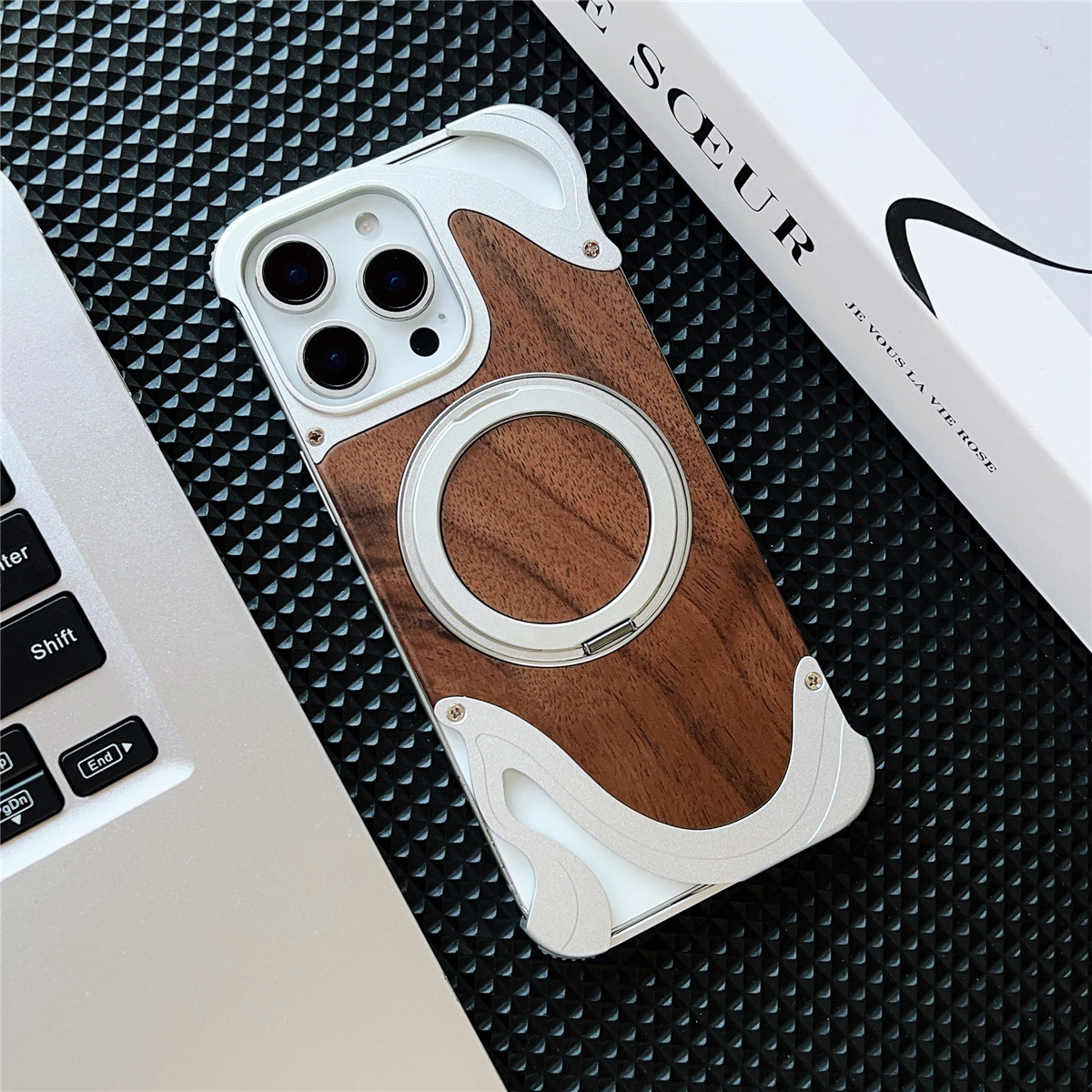 Funda de madera de nogal Natural para iPhone 16, 15, 14 Pro Max, aleación de aluminio sin marco, anillo magnético giratorio 360, fundas con soporte de Metal: Plata / IPHONE 14 PRO