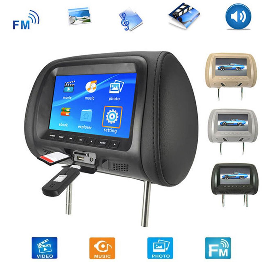 Universal 7 Inch Car Headrest Monitor Black Rear Seat Entertainment Multimedia Player With Wireless Remote Control