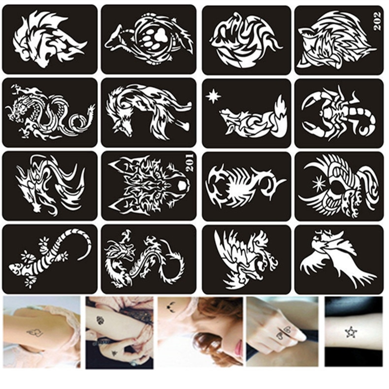 16 stk/sæt stor størrelse henna stenciler wolf dragon tiger eagle designs airbrush stencils til maling glitter tatovering sjablonen