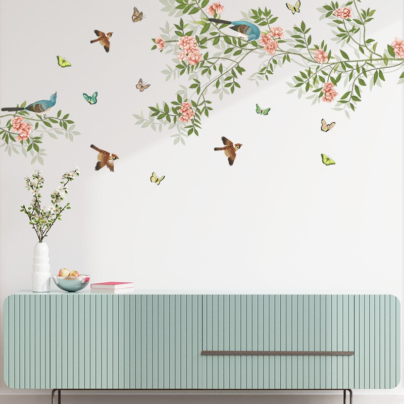 Chinese Style Small Fresh Branches Wall Stickers Flowers Bird Bedroom Living Room Home Decor Self-adhesive Removable Wallpaper