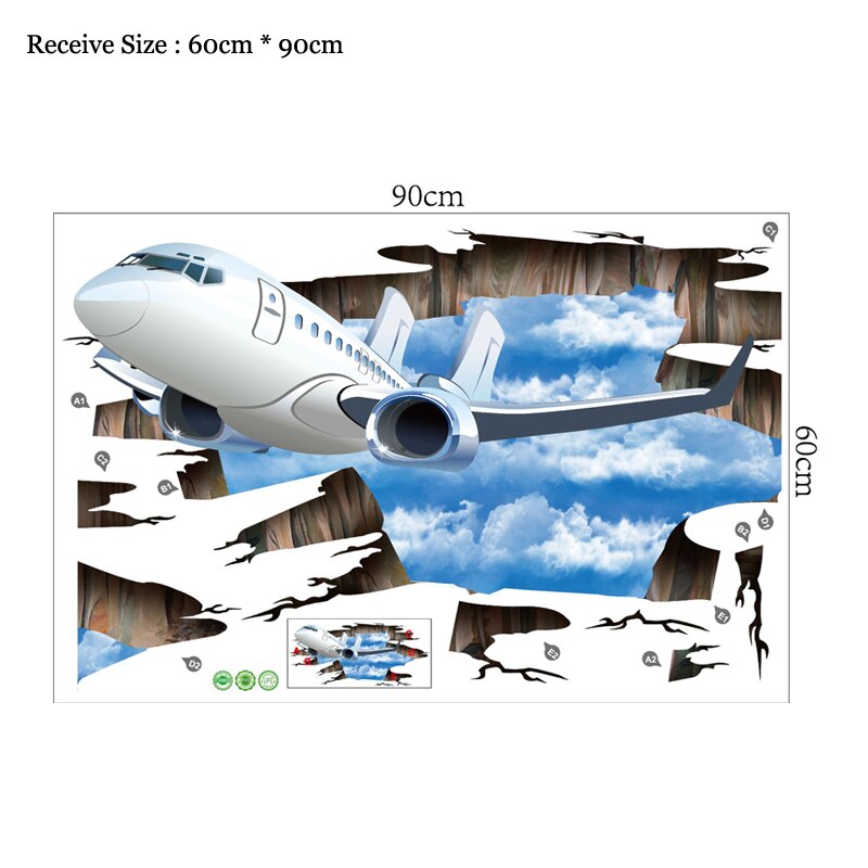 Blue sky 3D airplane Broken wall sticker Living room bathroom decoration decals home decor aircraft Broken Floor stickers