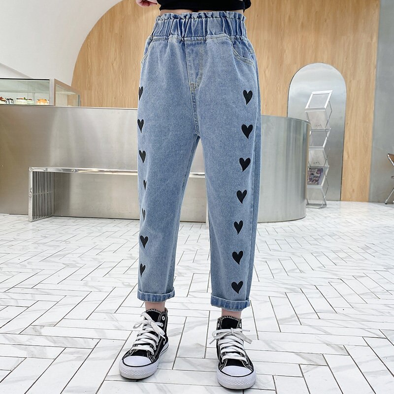 Jean imprimé cœur pour adolescentes, pantalon décontracté, taille élastique, printemps automne, 6 8 10 12 14,