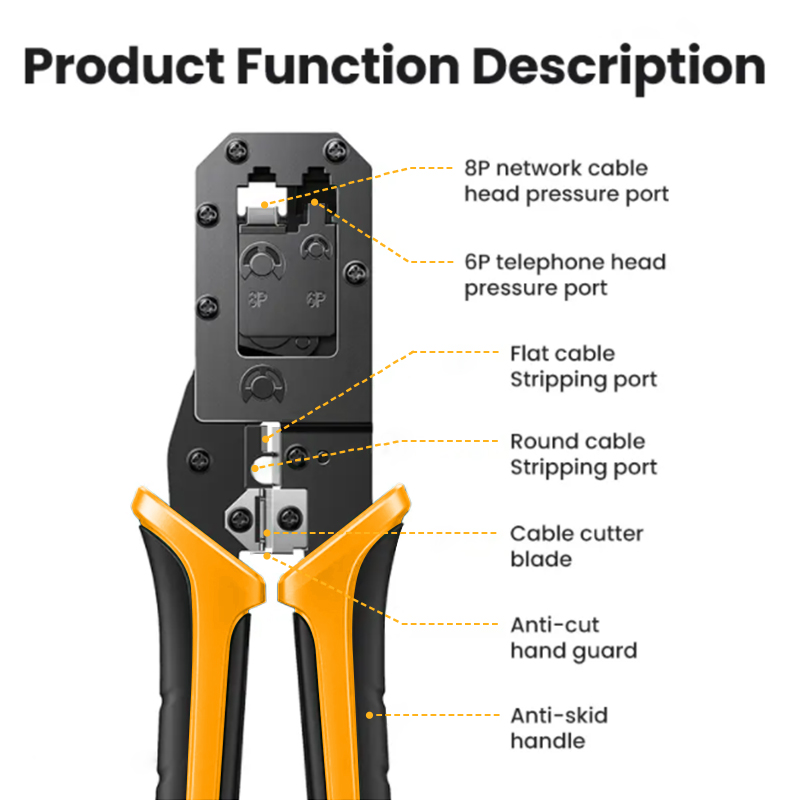 RJ45 Krympeverktøy - Ethernet Nettverkskabel Krympetang Cutter Stripper Tang for Modulære Kontakter