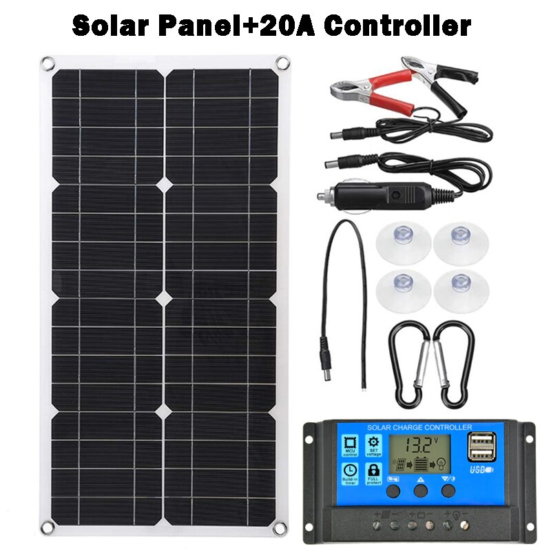 Panel Solar de 50W con salida USB Dual, células solares Poly, controlador de 10/20/30/40/50A para cargador de batería de 12V, resistente al agua: with 20A controller