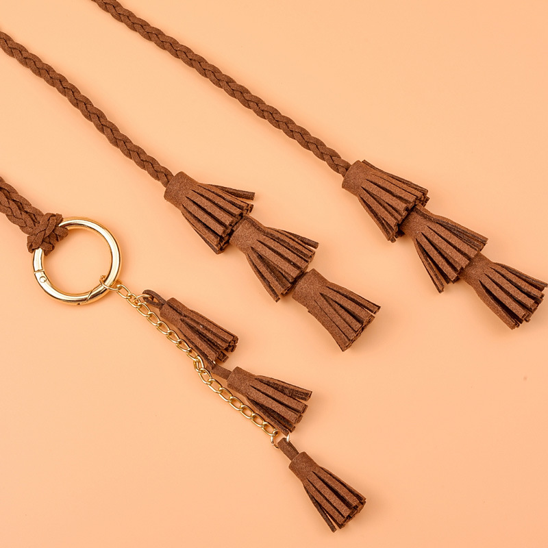 KASURE Womens' PU Leather Knitted Tassel Waist Belt Bohemia Woven Wax Rope Belt Summer Skirt Dress Decorative Belts: coffee