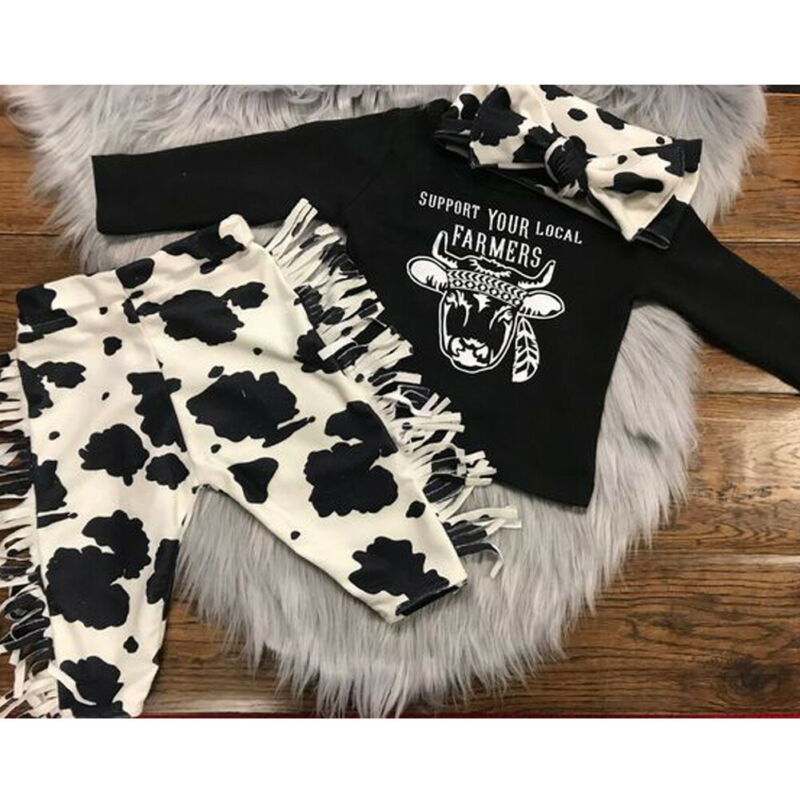 Nyfødt baby pige dreng ko t-shirt kvaster bukser pandebånd outfits tøj sæt
